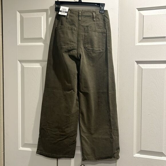 NWT Zara Wide Leg Cropped Army Green Jeans, Size 0 - Picture 6 of 12